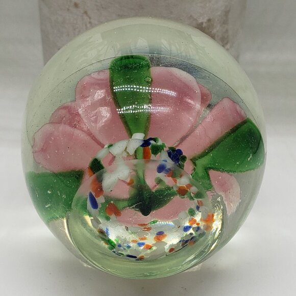 Pink Flower Green Stem Multicoloured End of Day Bottom Art Glass Paperweight - Picture 4 of 5